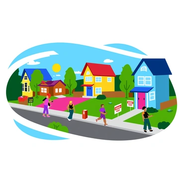 A vibrant neighborhood featuring several new homes with colorful exteriors. Each house showcases a unique design, with bright shutters and flower-filled gardens. Real estate signs are prominently displayed in front of the homes, with bold text reading "For Sale" and "Open House." The street is lined with green trees and well-maintained sidewalks, and there are people walking and chatting, enjoying the lively atmosphere. In the background, the sun is shining brightly, adding a cheerful ambiance to the scene.