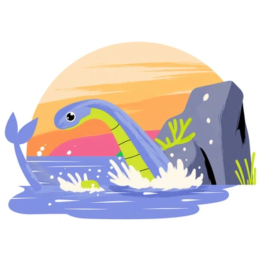 A legendary sea creature with iridescent scales is emerging from the water near a rocky shore. Its long, serpentine body gleams in shades of blue and green as it breaks the surface, sending droplets flying into the air. The creature has large, expressive eyes and flowing fins that ripple gently in the water. Surrounding the rocky shore, there are splashes of white foam from the waves crashing against the rocks, and tufts of green seaweed cling to the edges. In the background, the sky is painted with warm hues of orange and pink, indicating a vibrant sunset.