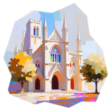 An old cathedral featuring towering spires that reach high into the sky, adorned with intricate gothic details. The stone facade is weathered, showcasing its historical significance, with elaborate carvings of mythical creatures and floral patterns. Stained glass windows filter light into vibrant hues, casting colorful patterns on the ground. Surrounding the cathedral are aged trees and pathways lined with cobblestones, enhancing the sense of antiquity and reverence in the scene. A soft light bathes the structure, accentuating its grandeur and the beauty of its architecture.