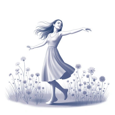A woman is dancing in a field filled with an array of wildflowers. She has long flowing hair and is wearing a lightweight dress that moves gracefully with her movements. The flowers are varied in size and shape, creating a dynamic backdrop around her. Her arms are extended wide, and her face is turned upwards, capturing the essence of joy and freedom in her expression. The sunlight casts soft shadows on the ground, and the scene conveys a sense of open space and natural beauty.