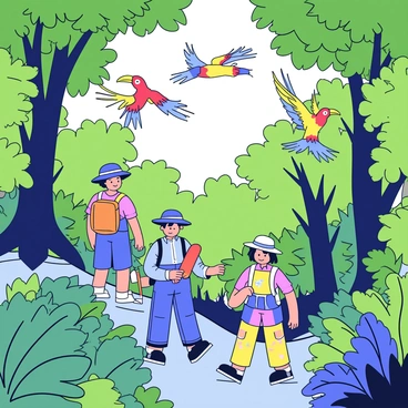 A group of explorers is trekking through a dense jungle filled with lush green foliage. Each explorer is wearing outdoor gear, including hats and backpacks. Exotic birds with vibrant feathers are flying overhead, their wings spread wide in various colors like red, blue, and yellow. The sunlight filters through the thick canopy, creating patches of light on the forest floor. The explorers navigate carefully around large roots and between towering trees.