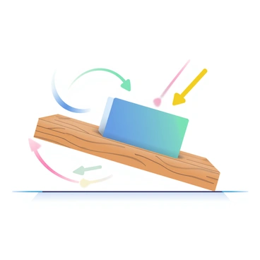 A rectangular box is positioned on a wooden ramp sloping downward. The ramp has a textured surface, showcasing distinct grains. The box is a bright blue color, and it is in the process of sliding down the ramp. Arrows are drawn on the ramp, indicating the direction of the frictional force opposing the motion of the box. The arrows are bold and vibrant, with one pointing upward along the ramp, illustrating the frictional force's direction. The background is a simple gradient, enhancing the focus on the box and the ramp.
