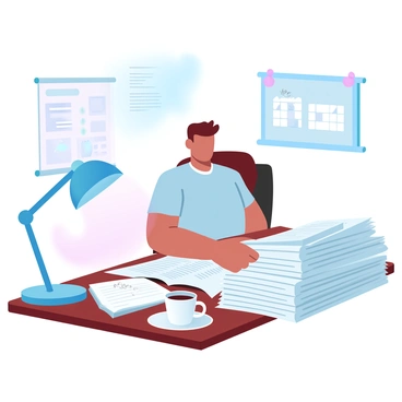 An individual is seated at a wooden desk cluttered with numerous piles of newspapers, each open to pages displaying job listings. The desk is adorned with a small desk lamp casting a soft glow over the workspace. A coffee mug is placed beside a notepad filled with handwritten notes. In the background, a corkboard is pinned with various job-related documents and a calendar marked with important dates. The overall setting is organized yet busy, reflecting an active job search.