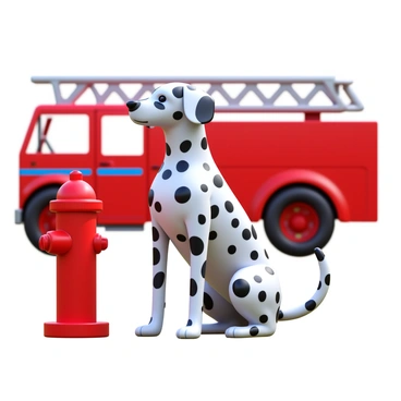 A dalmatian sitting proudly with a shiny coat covered in distinctive black spots. The dog is positioned next to a red fire hydrant, which stands out in the scene. In the background, there is a bright red fire truck, featuring prominent details such as the ladder and large wheels. The setting suggests an urban environment with clear skies above.