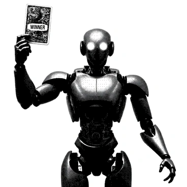 A robotic champion stands confidently, holding a winning card high in its hand. The robot has intricate gears and circuits visible through its metallic exterior, showcasing its advanced technology. Its body is sleek and polished, with a distinct design that highlights its competitive nature. The card is detailed, displaying a bold "WINNER" label. The robot's eyes emit a soft glow, reflecting determination and victory.