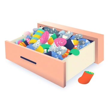 A wooden drawer is open, overflowing with a chaotic assortment of mismatched socks in various colors and patterns. The drawer is filled to the brim, with some socks partially hanging out, displaying bright stripes, polka dots, and animal prints. A few socks are crumpled and tangled together, adding to the sense of humorous disarray. The interior of the drawer is a light beige color, contrasting with the vibrant hues of the socks. Nearby, a single sock lies on the surface, its bright orange hue catching the light.