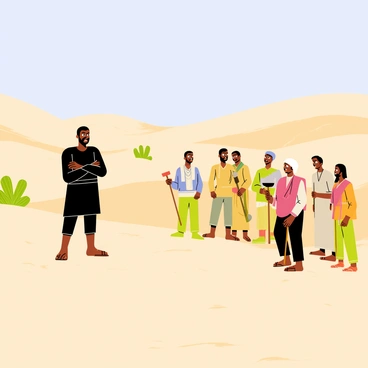A dusty desert landscape with scattered sand dunes and sparse vegetation. In the foreground, Gabbar is depicted as a tall figure wearing a dark outfit, with a fierce expression and a distinctive hat. He stands confidently with his arms crossed, facing a group of villagers who appear tense and wary. The villagers, dressed in traditional clothing, are positioned in a semi-circle around Gabbar, some holding farming tools that they clutch tightly. The sky above is a clear blue, contrasting with the earthy tones of the desert. A few cacti are scattered in the background, enhancing the arid environment.