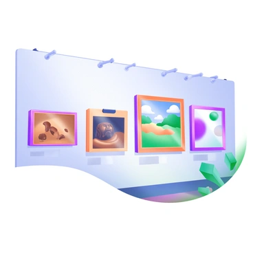 A gallery wall featuring a series of framed paintings that depict the evolution of art techniques over the centuries. Each painting represents a distinct era, showcasing unique styles and methods. The first painting illustrates ancient cave art, with simple animal figures and natural pigments. Adjacent to it, the second painting captures the Renaissance period, featuring a detailed portrait with rich colors and dramatic lighting. The third painting displays Impressionism, with soft brush strokes and a vibrant outdoor scene. The fourth painting showcases Modern art, featuring bold geometric shapes and contrasting colors. The frames are elegant and consistent, creating a cohesive look along the gallery wall.