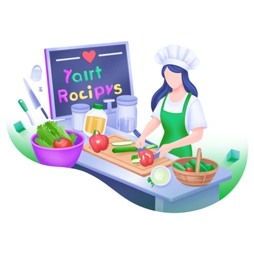 A modern pastel illustration depicting a cooking class setting. In the center, there are two participants, one chopping bright red bell peppers and the other slicing green zucchini on a wooden cutting board. Surrounding them are various heart-healthy ingredients, including a bowl of leafy greens, a jar of olive oil, and a basket of fresh tomatoes. The background features a chalkboard menu displaying "Heart-Healthy Recipes" written in colorful letters. There are also cooking utensils like knives and measuring cups neatly arranged on the counter.