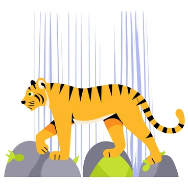 A tiger with vibrant orange fur and black stripes stands majestically under a waterfall. The water cascades in shimmering white streams around its strong form, creating a misty spray that glistens in the light. The tiger's sharp green eyes are focused, and its muscular body is poised, showcasing its strength. Rocks covered in lush green moss surround the base of the waterfall, while hints of foliage peek through the droplets of water, enhancing the wild setting.
