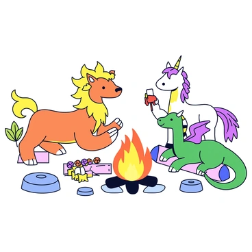 A griffon with a golden-brown feathered body and a lion-like hindquarters is sitting beside a large campfire. The flames flicker with bright orange and yellow hues, casting light on the faces of the surrounding creatures. An elegant unicorn with a shimmering white coat and a spiraled horn stands nearby, nibbling on a cluster of berries. A dragon with emerald green scales and small wings is resting on a log, eyeing a roasted marshmallow on a stick. The scene is filled with various plants and rocks, enhancing the cozy atmosphere of their shared meal. Each creature displays a sense of camaraderie as they enjoy their time together.