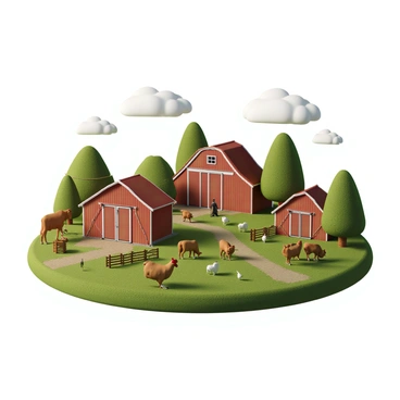 A flat 3D render of a farm village scene featuring several rustic barns in shades of red and brown. The barns have large sliding doors and are surrounded by green fields planted with crops. There are farm animals scattered throughout the scene, including a brown cow grazing near a wooden fence, a few chickens pecking at the ground, and a sheep resting in the grass. The sky is clear with a few fluffy clouds, and the sun casts a warm light on the entire village, highlighting the quaint charm of rural life.