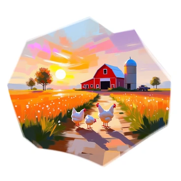 A peaceful farm scene depicting a wide expanse of fields with rows of crops and a wooden barn in the distance. The barn is red and rustic, complementing the landscape. A vibrant sunset fills the sky with hues of orange and pink, casting warm light over the surroundings. Silhouetted against the sunset, a few scattered trees are positioned throughout the scene, and a dirt path leads toward the barn, creating a sense of depth. A couple of chickens can be seen pecking at the ground near the barn, adding a touch of life to the tranquil setting.