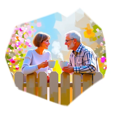 Two neighbors are engaged in a conversation while leaning over a low wooden fence that divides their yards. One neighbor, a middle-aged woman with short brown hair and wearing a light blue sweater, holds a steaming mug of coffee in one hand. The other neighbor, a man in his sixties with gray hair and glasses, is dressed in a plaid shirt and is holding a cup of coffee as well. The scene is set against a backdrop of blooming flowers and green grass, creating a lively and welcoming atmosphere. Both neighbors are smiling, enjoying their interaction under a clear blue sky.