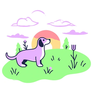A dackel, also known as a dachshund, is sitting on a grassy hill. The dog has long ears and a slender body, with its tail gently wagging. The sky above features a large sun setting on the horizon, casting light across the landscape. The sunset creates a gradient effect, with distinct layers of color visible in the clouds. The hill is dotted with wildflowers, and there are a few scattered trees nearby. The dackel's gaze is directed towards the sunset, capturing a moment of tranquility in nature.