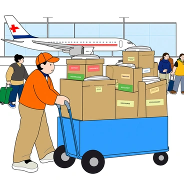 A postman with light skin and short black hair is loading a bright blue cart with large, colorful mail bags labeled with various international destinations. The mail bags are stacked high, filled with letters and packages. The background is filled with busy airport activity, including people walking, a large airplane visible in the distance, and luggage being wheeled along. The postman is wearing a bright orange uniform with a matching cap. The scene conveys a sense of energy and movement as the postman focuses on his task amidst the bustling atmosphere.
