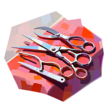 An assortment of vintage surgical instruments is meticulously arranged on a rich, deep red velvet cloth. The instruments include a set of gleaming steel scalpels, curved and straight scissors, a pair of forceps, and a bone saw, each showcasing intricate details and aged patina. The cloth serves as a luxurious backdrop, draping softly and accentuating the reflective surfaces of the metal tools. A few instruments are placed overlapping slightly, creating depth and a sense of history within the composition. The lighting highlights the sharpness of the blades and the elegant curves of the handles.