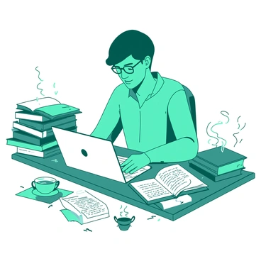 A teal author with glasses sits at a cluttered wooden desk, typing on a white laptop. The desk is surrounded by stacks of colorful books and scattered papers, some with handwritten notes. A few open books are visible, displaying pages filled with text. The author has a focused expression as they type, with a steaming cup of tea resting beside the laptop. A soft light illuminates the scene, highlighting the dedication in the author's posture.