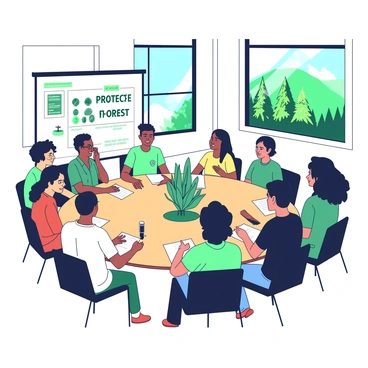 A group of diverse individuals is gathered in a bright community hall, seated around a large circular table. The walls are adorned with charts and visuals depicting forest ecosystems and statistics about deforestation. In the center of the table, a small green plant is placed as a symbol of growth and sustainability. Some attendees are taking notes on white paper, while others are actively sharing ideas. A microphone is positioned in front of a speaker, who is passionately presenting solutions to protect forests. A projector screen displays the words "Protect Our Forests" in bold letters. Bright sunlight streams through large windows, illuminating the engaged faces of the participants.