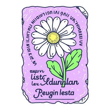 A vintage botanical illustration features a detailed depiction of a daisy flower. The daisy has white petals radiating from a central yellow disc, showcasing intricate details of its structure. Surrounding the daisy, there are Latin inscriptions labeling the flower, elegantly written in a classic font. The background simulates aged paper texture, giving the illustration a historical and authentic appearance. The edges of the paper are slightly frayed, enhancing the vintage feel of the artwork.