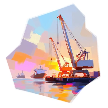 Towering cranes at a port silhouetted against the morning sky