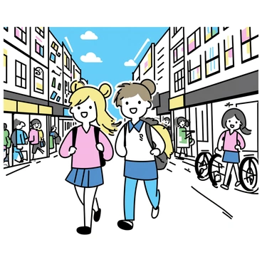 A girl with long blonde hair styled into two odango buns is hurrying along a busy city street. She is wearing a school uniform consisting of a white blouse with a navy blue collar and a blue skirt. Beside her are her friends, one with short brown hair wearing a pink sweater and jeans, and another with long black hair in a ponytail, dressed in a green jacket and a plaid skirt. They are all carrying colorful backpacks and laughing. The background features tall buildings, colorful shop signs, and a bright blue sky. They are surrounded by bustling pedestrians and a few bicycles parked along the sidewalk.