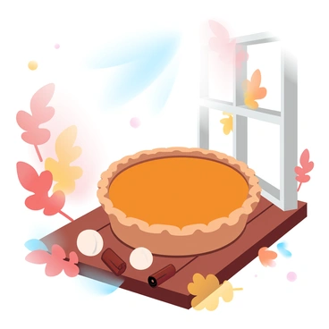 A freshly baked pumpkin pie is placed on a wooden windowsill, its golden-brown crust glistening with a slight sheen. The pie has a smooth, rich filling, showcasing a vibrant orange color. Around the pie, there are small decorative elements like cinnamon sticks and whole nutmeg sprinkled casually. Outside the window, a variety of autumn leaves in shades of red, orange, and yellow swirl gently in the breeze, creating a picturesque seasonal scene. The sunlight filters softly through the window, casting a warm glow over the pie and the surrounding area.