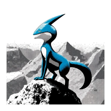 A Greninja is perched on a rocky outcrop at the summit of a mountain peak. Its posture suggests relaxation, with its body slightly leaning forward as the wind blows around it. The Greninja's features, including its distinct blue skin, large triangular head, and long tongue, are clearly visible. The mountain landscape stretches out in the background, with a mix of steep cliffs and distant peaks. The sky above is clear, adding to the sense of elevation and openness. "Greninja enjoying the cool breeze" is visible in the scene.