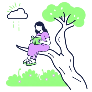 A girl is perched on a tree branch, engrossed in reading a book. She has long hair cascading down her shoulders and is wearing a simple dress. The tree branch is sturdy and extends out over a lush landscape. Below, there is a carpet of green grass dotted with small flowers. The sky above is clear, with no clouds. Sunlight filters through the leaves of the tree, creating a dappled pattern on the ground. The book she is reading is open in her lap, with her fingers gently resting on the pages.