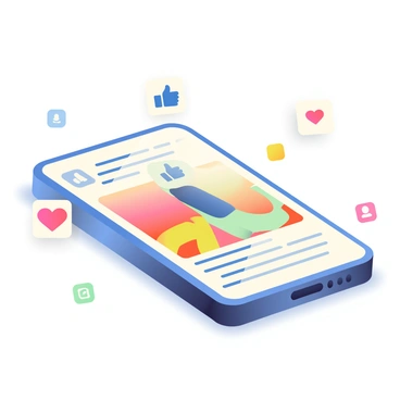 A smartphone is lying on a flat surface, showing a brightly lit screen. The screen displays a social media post featuring a photo that has received numerous "likes" and "heart" reaction icons. The post is colorful, with a vibrant image attracting attention. Each "like" icon is a small thumbs-up symbol in bright blue, while the "heart" reactions are shown in a mix of red and pink shades. Around the smartphone, there are several small, colorful icons representing different social media platforms, enhancing the digital theme of the image. The background is softly blurred, emphasizing the smartphone and its screen.