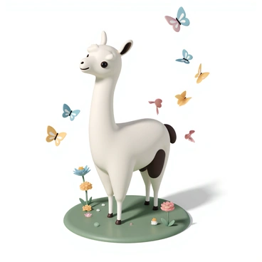 A llama, with a fluffy white coat and dark brown patches, is standing in a lush green meadow. Its long neck is reaching slightly forward, and its ears are perked up attentively. Around the llama, several colorful butterflies are fluttering. The butterflies display vibrant colors, including bright blues, yellows, and reds, as they gracefully dance in the air. The meadow is dotted with wildflowers in various shades, adding to the lively scene. The sun is shining, casting soft shadows on the ground, creating a warm and inviting atmosphere.