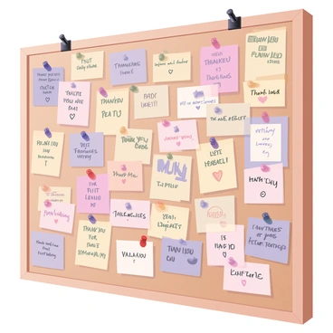 A bulletin board is filled with numerous colorful "thank you" notes and positive feedback cards. The notes feature various handwritten messages expressing gratitude and satisfaction, written in different colors and styles. Some cards are decorated with small drawings like hearts and smiley faces. The bulletin board itself has a natural wooden frame with a textured cork surface. Several pins in different shapes and colors are used to secure the notes. In the background, there are subtle hints of a bright and cheerful office environment visible.