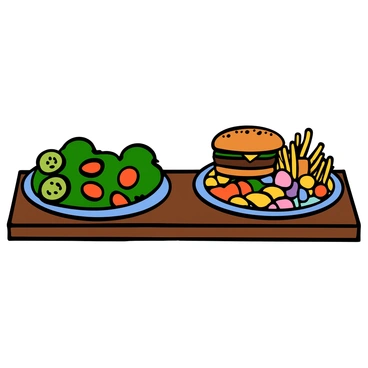 A table set with two plates of food. One plate contains a vibrant salad with fresh green leafy vegetables, cherry tomatoes, and slices of cucumber. The other plate is filled with an assortment of junk food, including a cheeseburger with a golden bun, crispy French fries, and a colorful assortment of candies. Both plates are placed side by side, showcasing a contrast between healthy eating and indulgent treats.