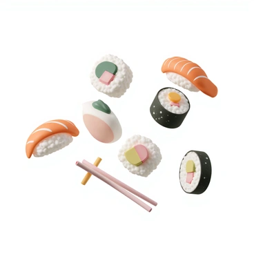 Assorted sushi pieces, including nigiri, maki rolls, and sashimi, are flying through the air. The sushi features vibrant colors, with slices of fresh fish, avocado, cucumber, and rice clearly visible. Each piece is suspended mid-air, showcasing their detailed textures and ingredients. The background is minimalistic, with a soft, neutral tone that enhances the vividness of the sushi, allowing the colorful food to stand out prominently.