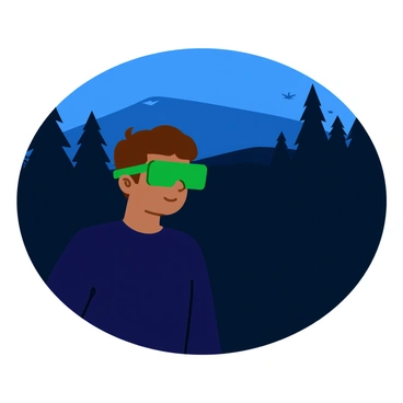 A person wearing green night vision glasses is positioned in the foreground, their eyes focused intently on the dark landscape ahead. The glasses emit a faint green glow, illuminating the area around them. The landscape is filled with dark silhouettes of trees and a distant shadowy hill, creating a sense of depth. A few small animals, represented as vague shapes, can be seen in the background, indicating signs of life. The person's clothing is dark, blending with the environment, and their posture suggests a cautious yet curious demeanor as they scan the area.