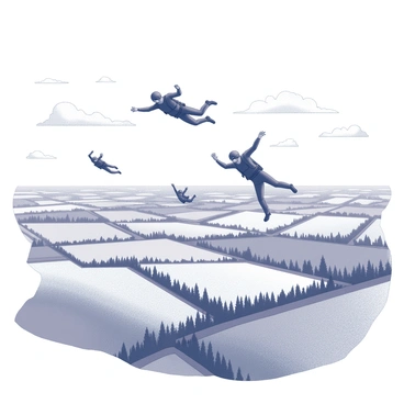 A group of skydivers in free fall, with their arms and legs spread wide, descending rapidly through the sky. Below them is a vast patchwork landscape, featuring various fields and forests. The fields are arranged in geometric shapes, with distinct boundaries separating them. The forests are densely packed with trees, creating a rich texture amidst the open land. The sky is expansive, with a few fluffy clouds scattered intermittently, providing a sense of height and distance.