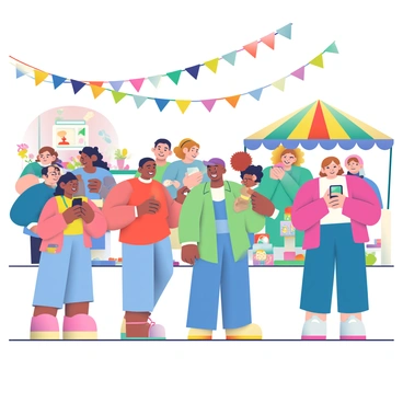 A diverse group of people is gathered at a community event under colorful banners and tents. There are individuals with varying skin tones and hairstyles, including a Black woman with curly hair, a Hispanic man with short hair, and a Caucasian woman with straight hair. They are interacting and holding their smartphones, posting live updates on social media. Some are smiling while taking photos, while others are engaged in conversation. In the background, there are tables with food, and a small stage with a speaker addressing the crowd. Colorful decorations and festive elements fill the scene, creating a lively atmosphere.