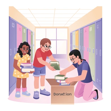 A group of three children is collecting books for a donation drive in a bright and colorful school hallway. The first child, a girl with curly black hair, is wearing a yellow dress with white polka dots and is holding a stack of blue books close to her chest. The second child, a boy with straight brown hair, is wearing a red t-shirt and denim shorts, and he is placing a green book into a cardboard box labeled "Donation." The third child, a girl with braids and glasses, is wearing a purple t-shirt and pink leggings, and she is kneeling on the floor, sorting through a pile of books. The hallway is adorned with vibrant artwork on the walls and has colorful lockers lining each side. Bright light streams in from large windows, illuminating the joyful scene.