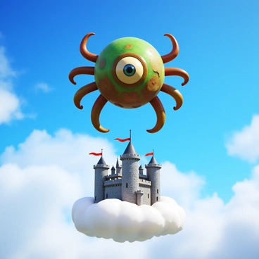 A beholder with a large central eye and multiple smaller eyestalks is floating in the air. The beholder's skin is a mottled green and brown, with intricate details on its eye and stalks. Below it, a majestic castle with tall towers and intricate architecture rests on a fluffy, white cloud. The castle is made of grey stone, with banners waving from its battlements. The cloud appears soft and billowy, reflecting sunlight, and the sky is a vibrant blue filled with light, fluffy clouds.
