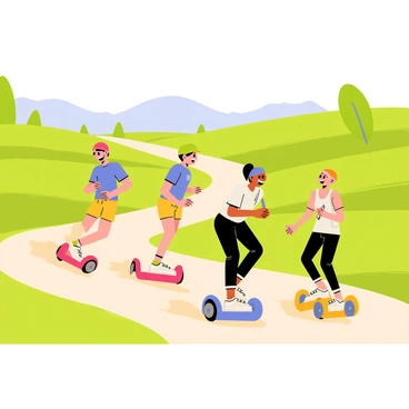 A group of four friends racing on mini segways down a winding rural trail surrounded by lush green fields. Each friend has a unique appearance: one wearing a bright red helmet and a blue t-shirt, another in a green cap and yellow shorts, a third with a purple headband and black leggings, and the last in an orange visor and white tank top. The segways are colorful, with one being red, another blue, a green one, and a yellow segway. Dust is kicked up behind them as they speed forward, laughter and excitement evident on their faces. A clear blue sky and distant trees frame the scene, enhancing the sense of adventure.