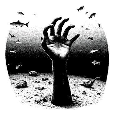 A decayed zombie hand is emerging from the ocean floor, its bony fingers stretched upward. The hand has darkened, weathered skin and distinctive signs of decomposition. Surrounding the hand, various fish are swimming by, including small schools of fish that dart in and out of sight. The ocean floor is scattered with sand and debris, creating a textured environment for this eerie scene.