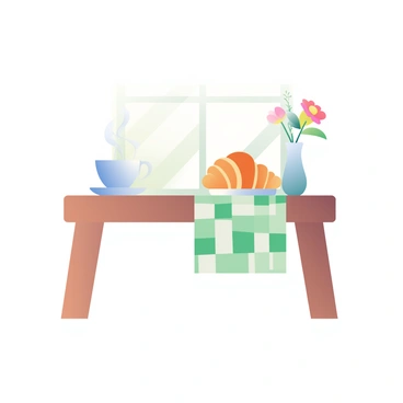 A small wooden café table is positioned in the center of the image. On the table, there is a steaming cup of coffee with a delicate white saucer underneath. Next to the cup, a freshly baked croissant, golden brown and flaky, is placed on a small white plate. The table is adorned with a green and white checkered tablecloth. Soft morning light filters through a nearby window, casting gentle shadows on the table surface. A small vase holds a single flower, adding a touch of color to the scene.