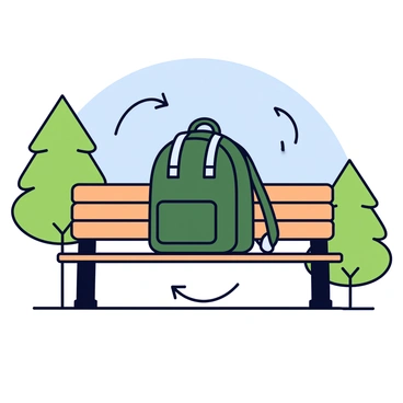 A backpack resting on a wooden park bench. The backpack is a deep green color with two adjustable straps and a front pocket. The bench is made of slats of wood painted in a light brown shade. To illustrate the forces acting on the backpack, there are arrows drawn around it: one arrow pointing downwards indicating gravity, and another pointing upwards representing the normal force from the bench. The background features a few green trees and a clear blue sky.