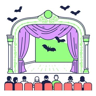 A Victorian opera house showcases an ornate interior with intricate architectural details. The grand stage is set, complete with heavy velvet curtains drawn back, revealing a polished wooden floor. Above the stage, several bats are performing an aerial ballet, gracefully flapping their wings as they swoop and glide in synchronized patterns. The bats create dynamic shapes in the air, casting shadows on the ornate decor of the opera house. Spectators seated in the plush red seats below watch in astonishment as the unique performance unfolds.