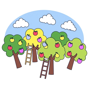 An orchard of fruit trees floating in the sky, with ladders reaching up to them