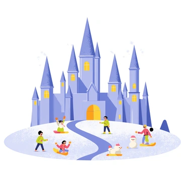 A majestic ice castle with towering spires and intricate ice carvings sparkles in the bright sunlight. The castle is surrounded by a glittering blanket of freshly fallen snow. Children are playing joyfully nearby, building snowmen and having snowball fights. Some children are sliding down a small hill on colorful sleds, while others toss snow in the air, creating a flurry of white flakes. The scene captures the lively atmosphere of winter fun against the stunning backdrop of the ice castle.