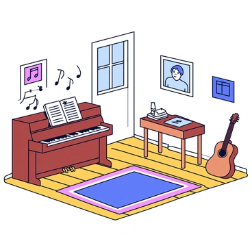 A cozy bedroom featuring a wooden floor. In one corner, there is an upright piano with polished black keys and a sheet of music resting on top. Nearby, an acoustic guitar is propped against the wall, its natural wood finish reflecting light. A colorful rug lies in the center of the room, adding warmth. On a small table, there are a couple of music books and a metronome. The walls are adorned with musical notes and posters of famous musicians. A window allows soft light to filter in, illuminating the space.