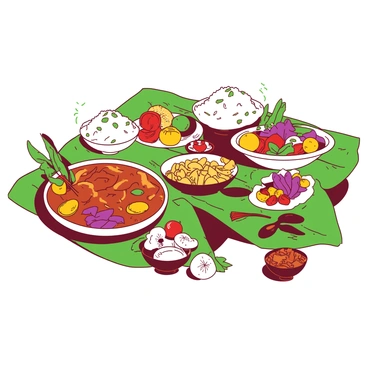 A vibrant arrangement of a traditional feast is presented on large green banana leaves. The spread includes various colorful dishes, with aromatic rice served in mounds, a rich curry with tender pieces of meat glistening under the light, and a selection of sautéed vegetables in bright hues. There are small bowls filled with tangy chutneys and pickles adding pops of color. To one side, there's a platter of golden fried snacks, and scattered throughout are fresh slices of fruits, adding a refreshing touch. Each dish is garnished with herbs, enhancing the visual appeal of this bountiful meal.