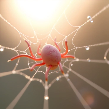 A close-up view of a red spider, featuring a smooth, glossy body with delicate, intricate patterns. The spider is skillfully weaving a web, with fine, shimmering silk threads stretching out in a radial pattern. The early morning light casts a gentle glow, creating a soft, warm ambiance that highlights the dewdrops clinging to the web strands. The background is softly blurred, emphasizing the details of the spider and the web.