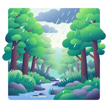 A lush forest scene is depicted with tall trees having vibrant green leaves, heavily saturated by the rain. The sky is overcast, with dark, thick clouds creating a dramatic atmosphere. Raindrops cascade from the leaves and branches, creating small droplets on the forest floor. Various shades of green blanket the ground, with ferns and underbrush glistening from the moisture. Puddles form on the earth, reflecting the surrounding foliage, and a few small streams can be seen trickling between the rocks.